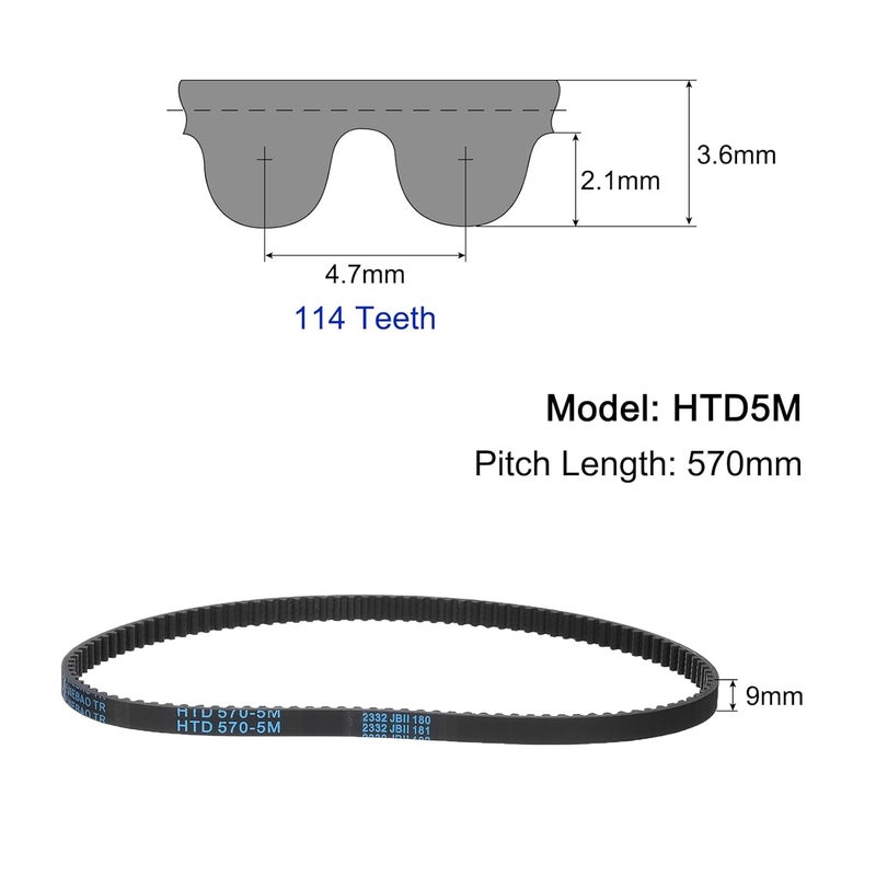 uxcell HTD-5M Rubber Timing Belt 114 Teeth, 570mm Pitch Length x 9mm Width x 3.6mm Height, Closed Loop Pulley Timing Belt - Image 2
